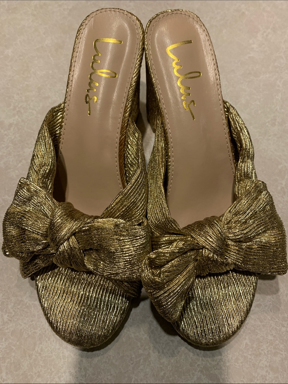 Lulu's Metallic Gold Knotted Slide Mules Size 7.5